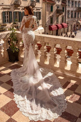 Exquisite High Neck Long Sleeves Mermaid Lace Bridal Gown