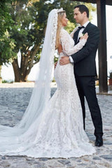 Regal V-Neck Long Sleeves Mermaid Lace Bridal Gown