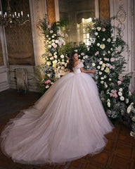 Off-the-Shoulder Ball Gown Tulle Wedding Dress Shinning Sequins