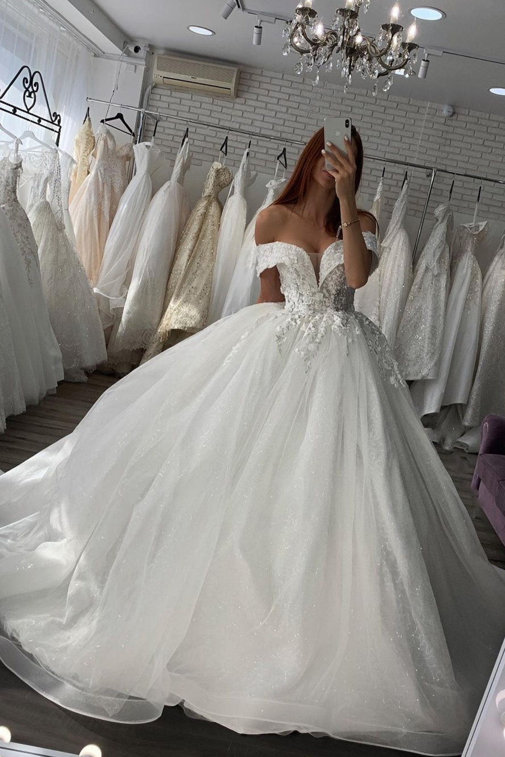 Off-the-Shoulder Ball Gown Tulle Wedding Dress With Appliques