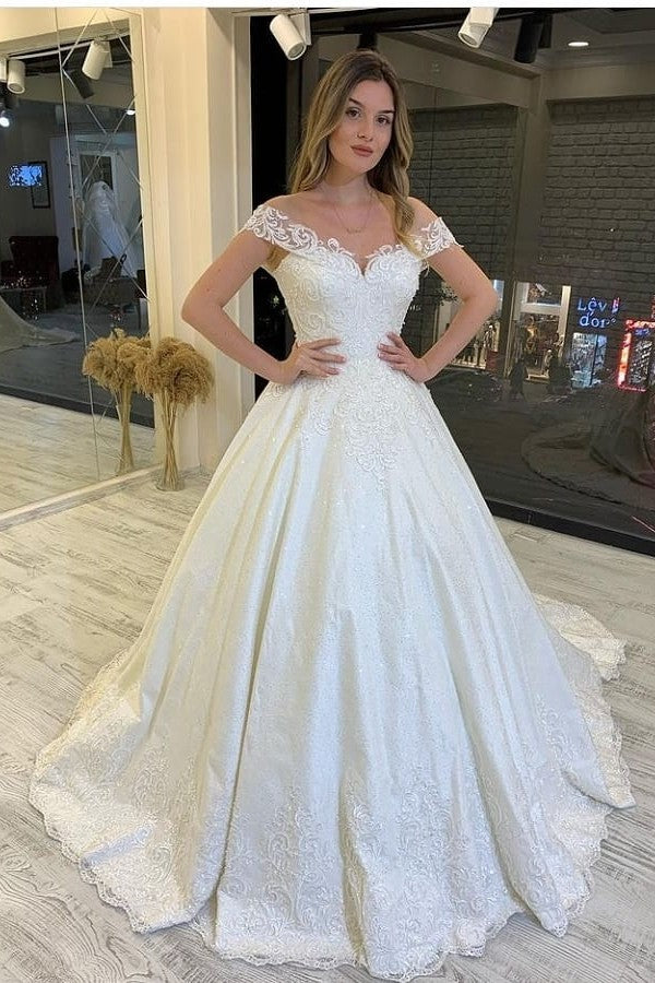 Off-the-Shoulder Ball Gown Wedding Dress Lace Appliques Bridal Gown