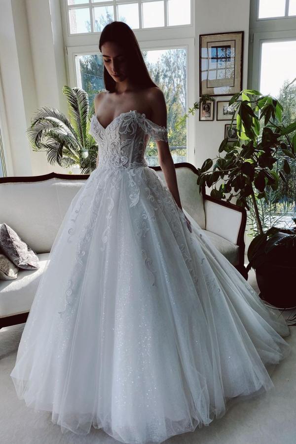 Off-the-Shoulder Ball Gown Wedding Dress With Appliques Sequins