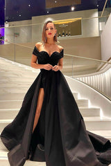 Off-the-Shoulder Black Prom Dress Lace Up Split Online