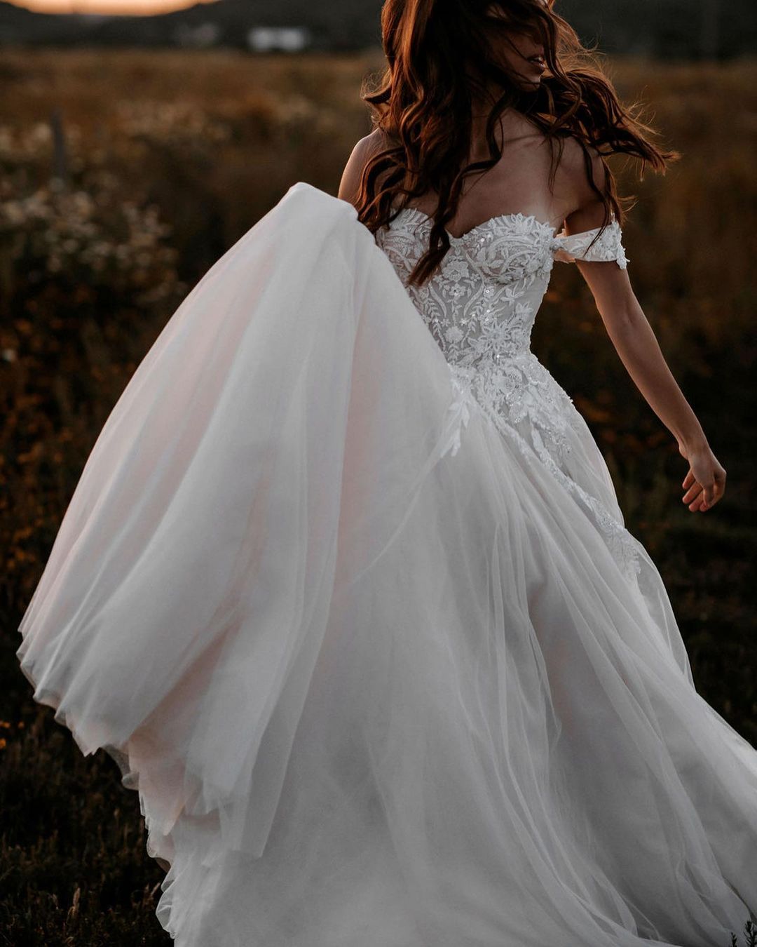 Off-the-Shoulder Boho Wedding Dress Tulle With Lace Appliques