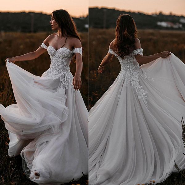 Off-the-Shoulder Boho Wedding Dress Tulle With Lace Appliques