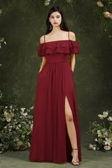 Off-the-Shoulder Bridesmaid Dress Ruffles With Slit