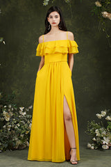 Off-the-Shoulder Bridesmaid Dress Ruffles With Slit