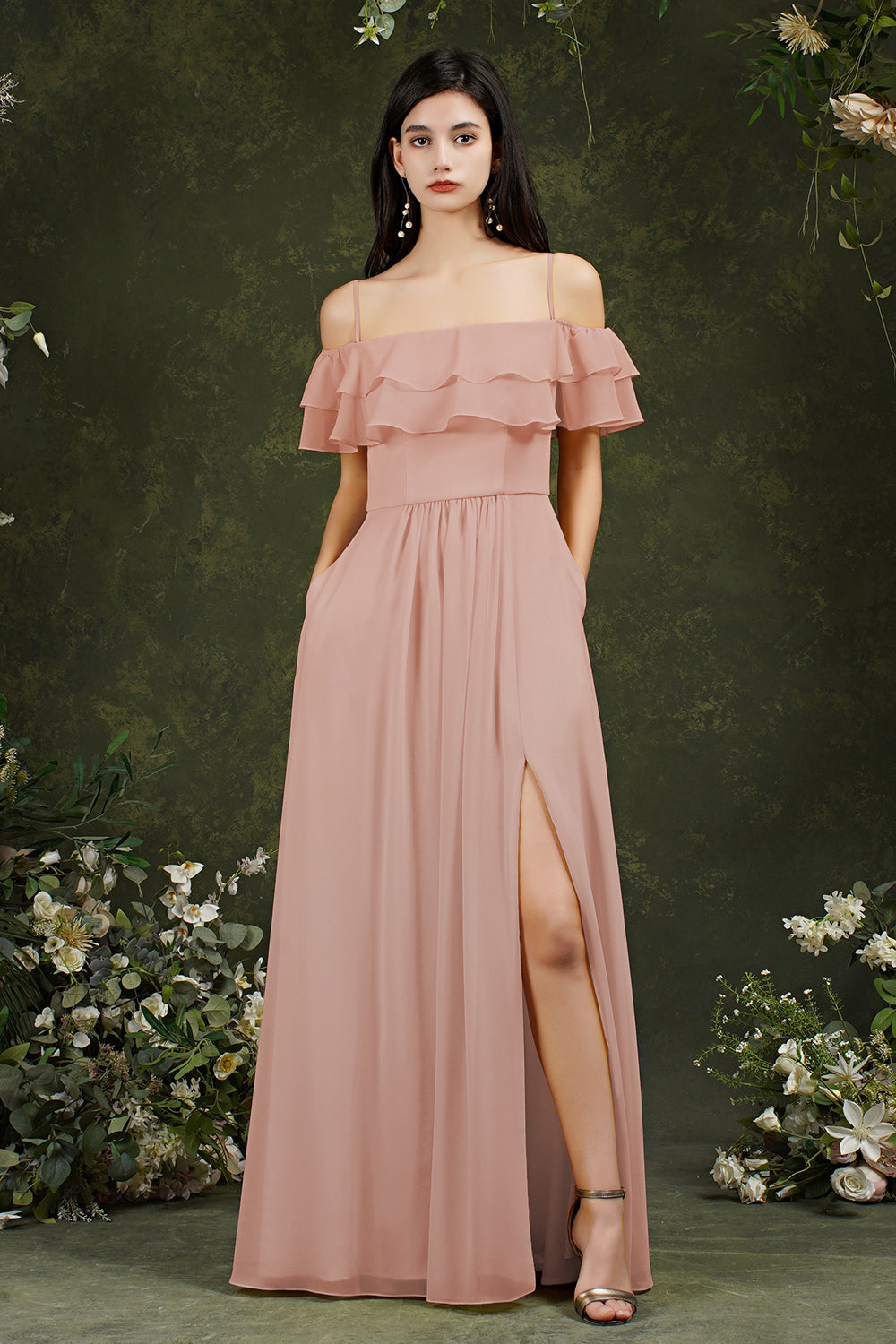 Off-the-Shoulder Bridesmaid Dress Ruffles With Slit