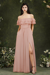 Off-the-Shoulder Bridesmaid Dress Ruffles With Slit