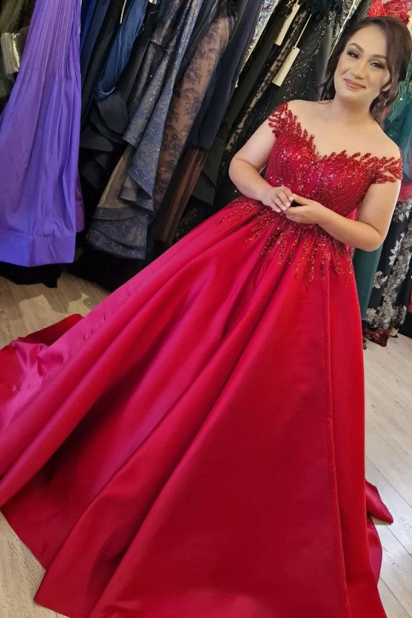 Off-the-Shoulder Burgundy Prom Dress Ball Gown With Appliques