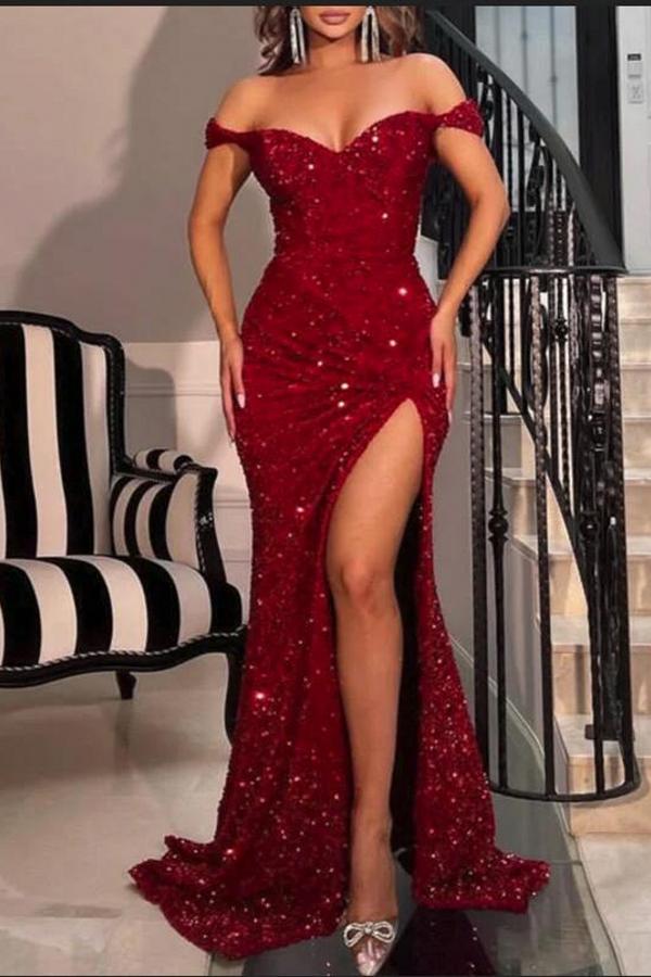 Off-the-Shoulder Burgundy Prom Dresses Sequins Long Slit