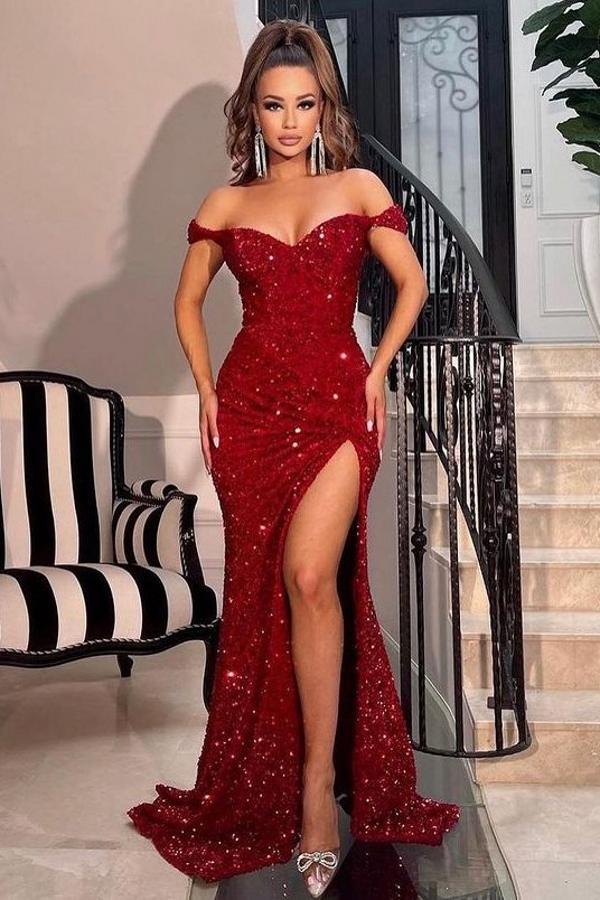 Off-the-Shoulder Burgundy Prom Dresses Sequins Long Slit