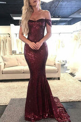 off-the-Shoulder Burgundy Sequins Prom Dress Mermaid