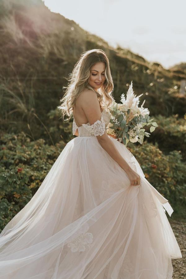 Off-the-Shoulder Champagne Beach Wedding Dress Lace Tulle Long