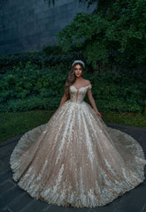 Off-the-Shoulder Champagne Wedding Dress Ball Gown With Appliques