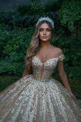 Off-the-Shoulder Champagne Wedding Dress Ball Gown With Appliques