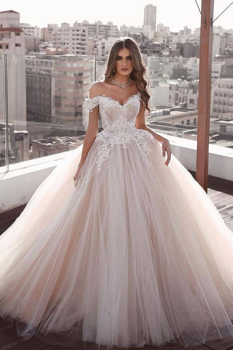 Off-the-Shoulder Champagne Wedding Dress Ball Gown With Tulle Lace-Newinlook