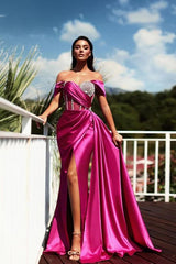 Off-the-Shoulder Long Prom Dresses Slit With Beads