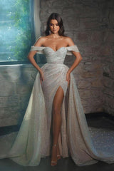 Off-the-Shoulder Mermaid Wedding Dress Sequins Slit Overskirt