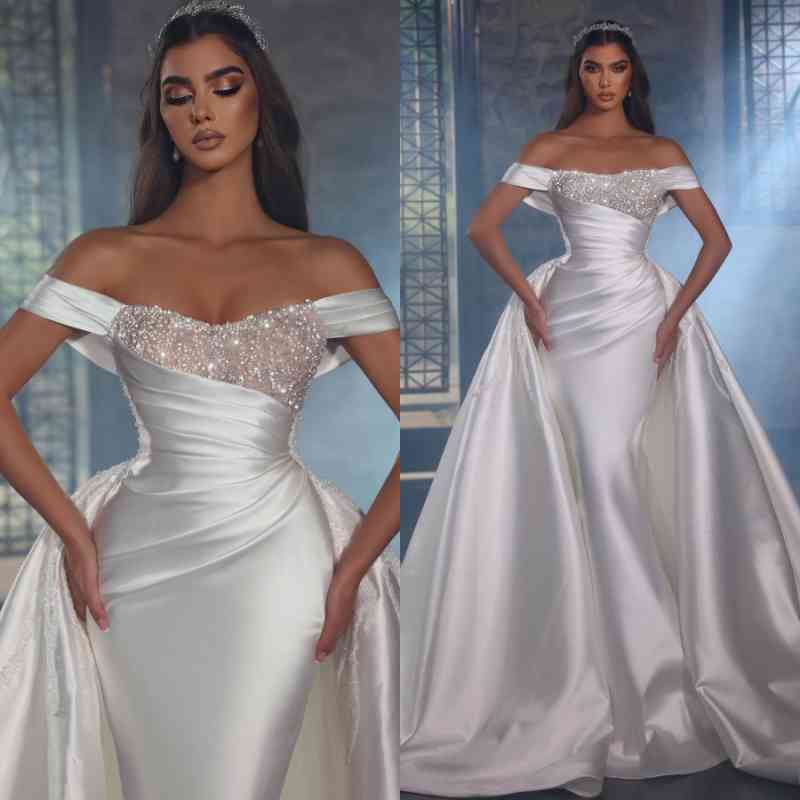 Off-the-Shoulder Overskirt Wedding Dress Long With Beads