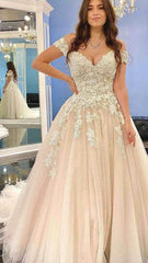 Off-the-Shoulder Princess Wedding Dress Champagne With Lace Appliques