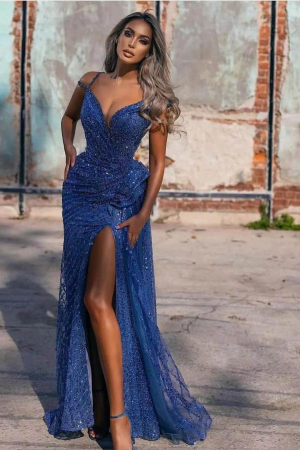 Off-the-Shoulder Royal Blue Evening Dress Mermaid Sequins With Slit