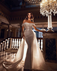 Off-the-Shoulder Sequins Wedding Dress Mermaid Bridal Gown With Ruffle