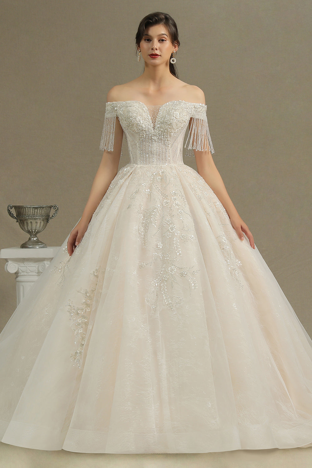 Off-the-Shoulder Tassels Ball Gown Wedding Dress With Beads