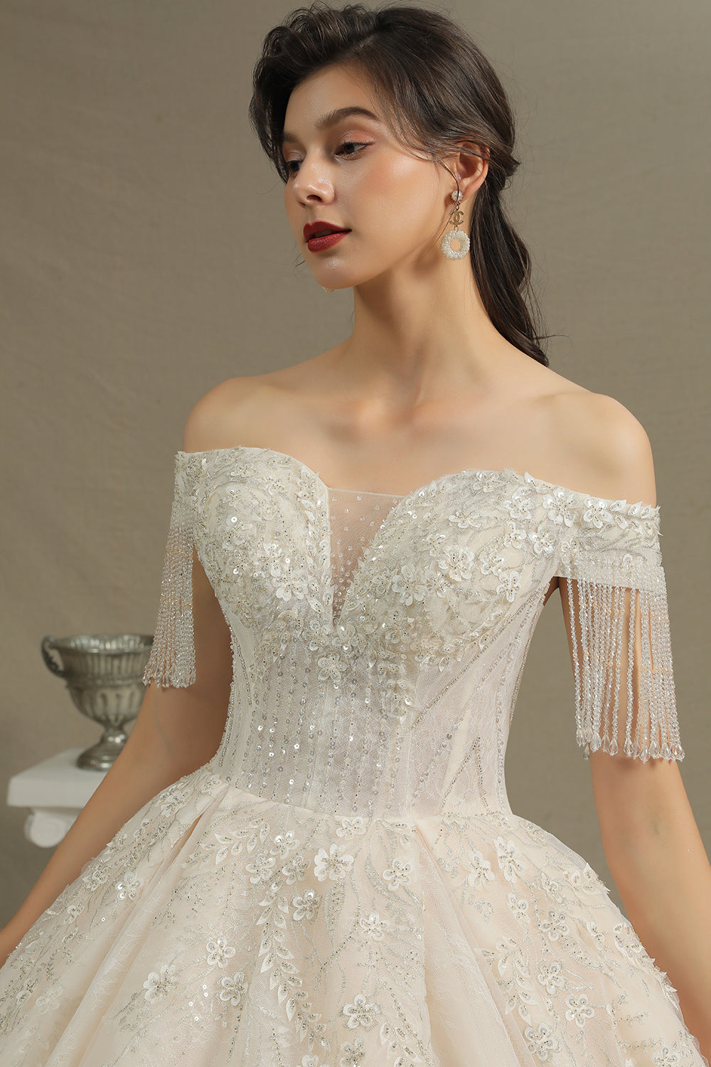 Off-the-Shoulder Tassels Ball Gown Wedding Dress With Beads