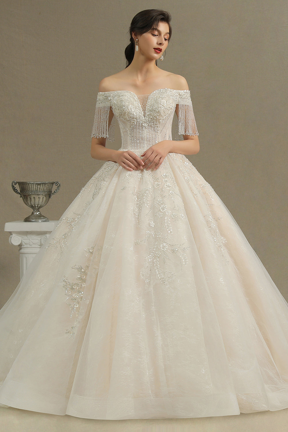 Off-the-Shoulder Tassels Ball Gown Wedding Dress With Beads