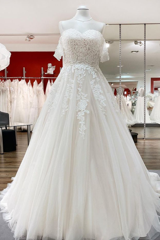 Off The Shoulder Tulle Lace Ivory Ruffles A-Line Wedding Dresses