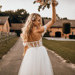 Off-the-Shoulder Tulle Wedding Dress Boho Lace Long