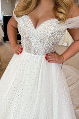 Off-the-Shoulder Tulle Wedding Dress Princess With Pearls