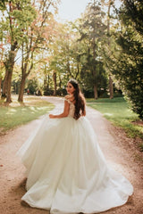 Off-the-Shoulder V-Neck Ball Gown Wedding Dress With Appliques