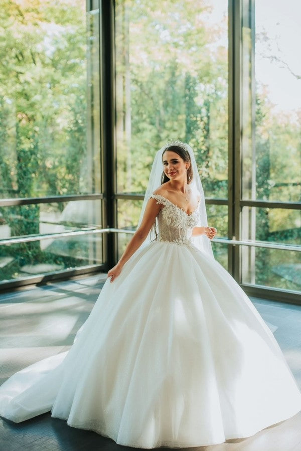 Off-the-Shoulder V-Neck Ball Gown Wedding Dress With Appliques