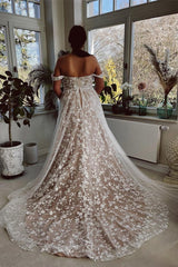 Off-the-Shoulder Wedding Dress Champagne Lace Appliques