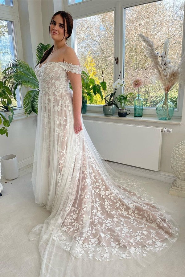 Off-the-Shoulder Wedding Dress Champagne Lace Appliques