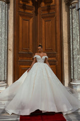 Off-the-Shoulder Wedding Gown Tulle With Appliques