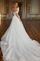 Off-the-Shoulder White Wedding Dress Lace-up Shiny With Appliques