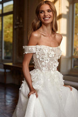 Off-the-Shoulder White Wedding Dress Lace-up Shiny With Appliques