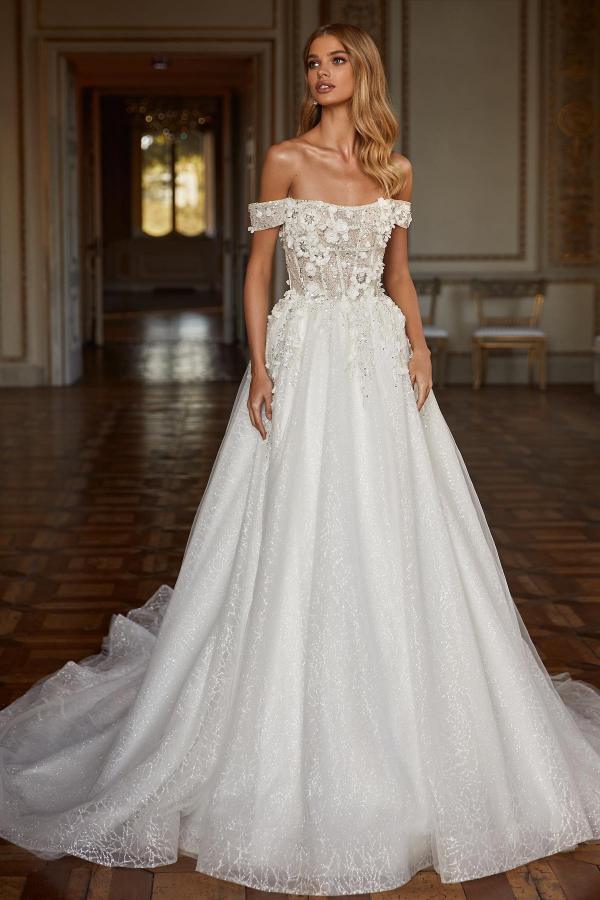 Off-the-Shoulder White Wedding Dress Lace-up Shiny With Appliques