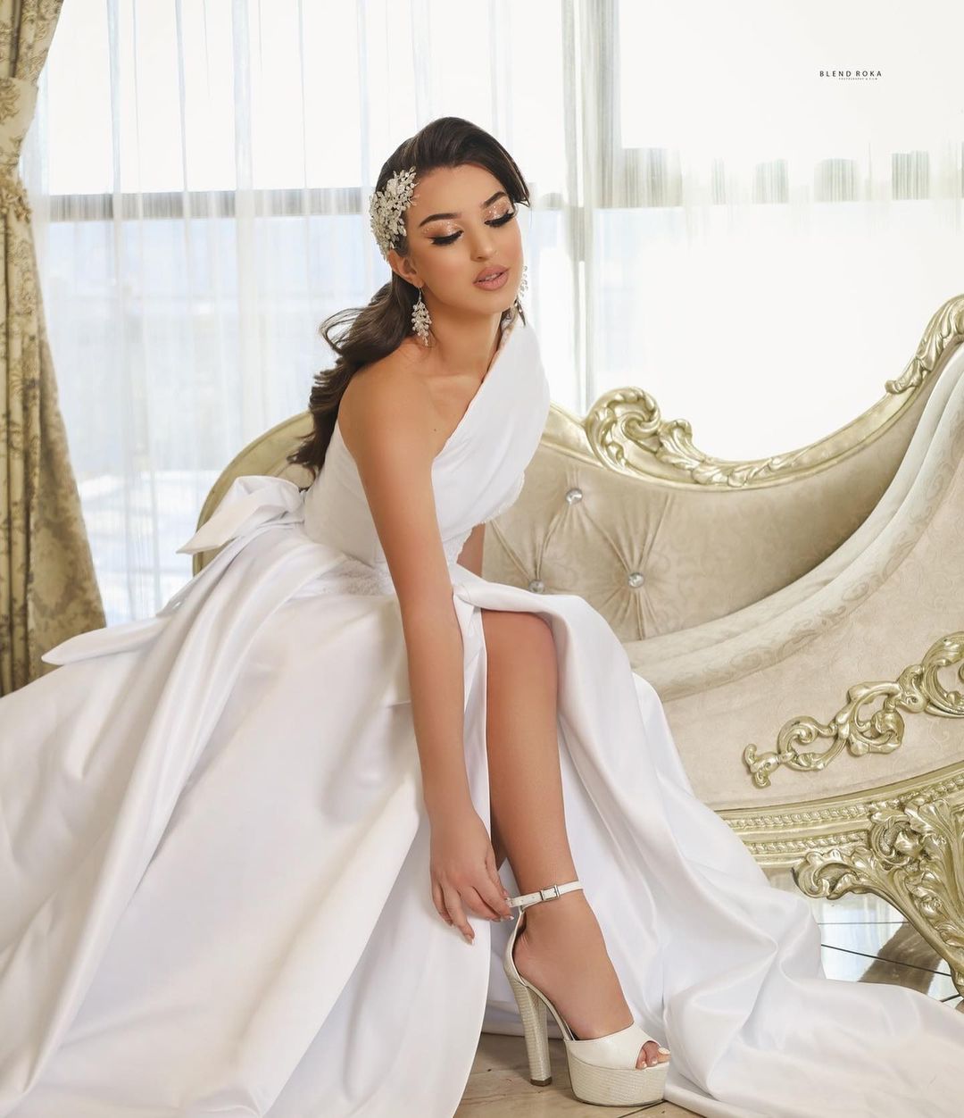 Off-the-Shoulder White Wedding Dress Satin With Slit