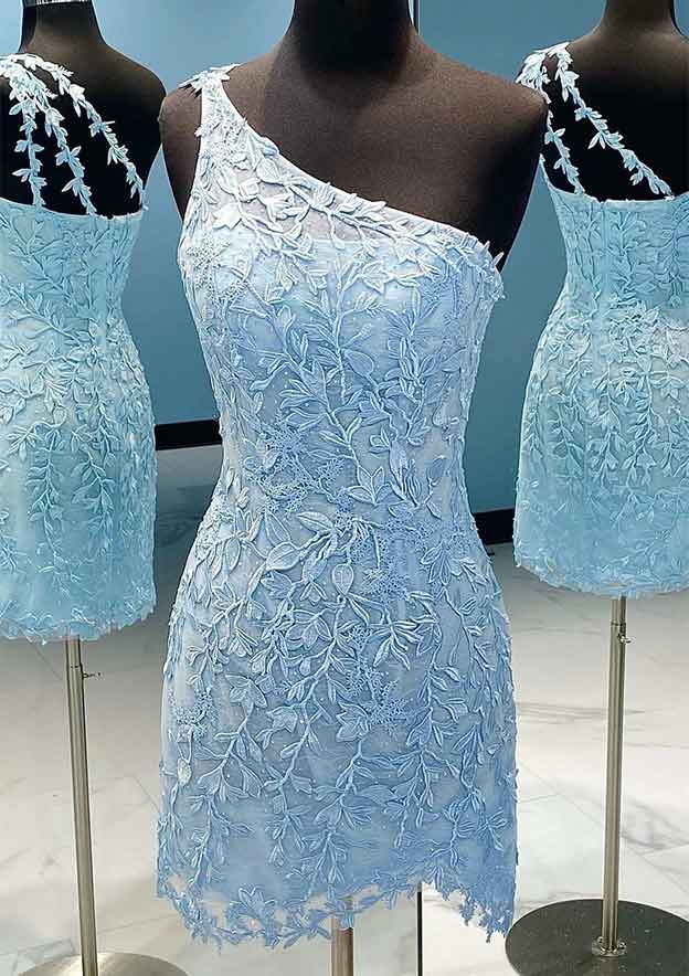 One-Shoulder Lace Homecoming Dress with Beading for Sheath/Column Look