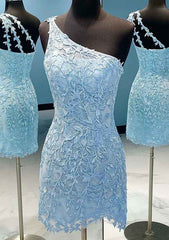 One-Shoulder Lace Homecoming Dress with Beading for Sheath/Column Look