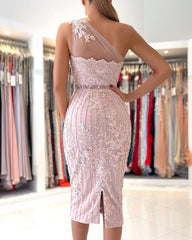 One Shoulder Pink Lace Prom Dress Knee-Length