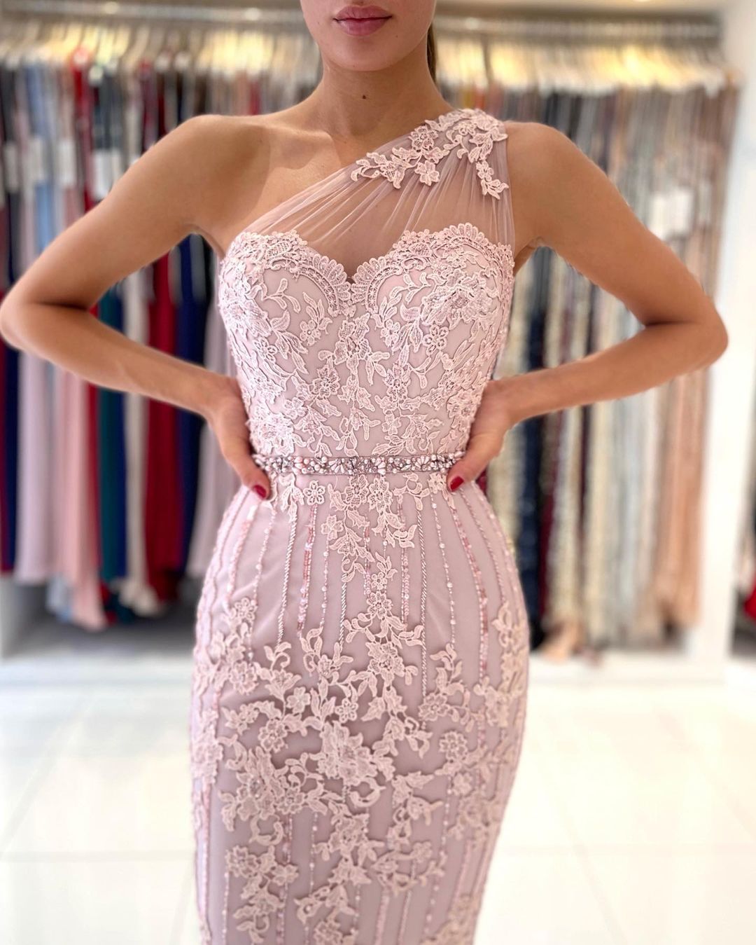 One Shoulder Pink Lace Prom Dress Knee-Length