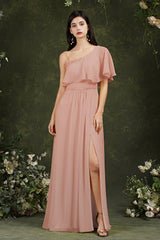 One Shoulder Ruffles Bridesmaid Dress Long With Slit