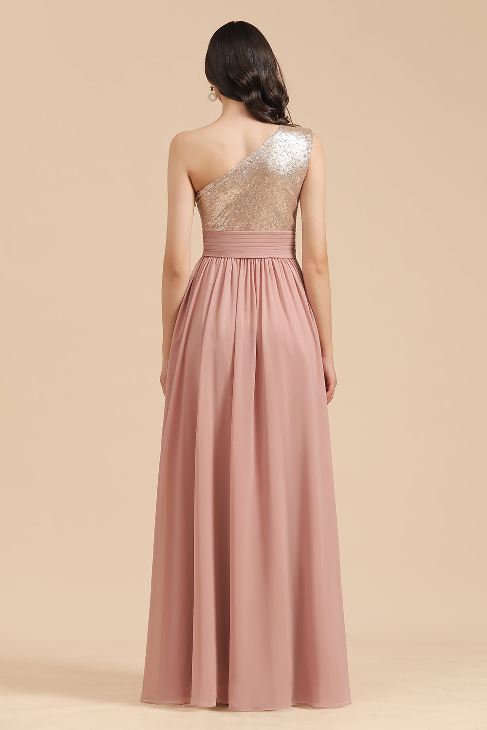 One Shoulder Sequins Dusty Rose Bridesmaid Dress