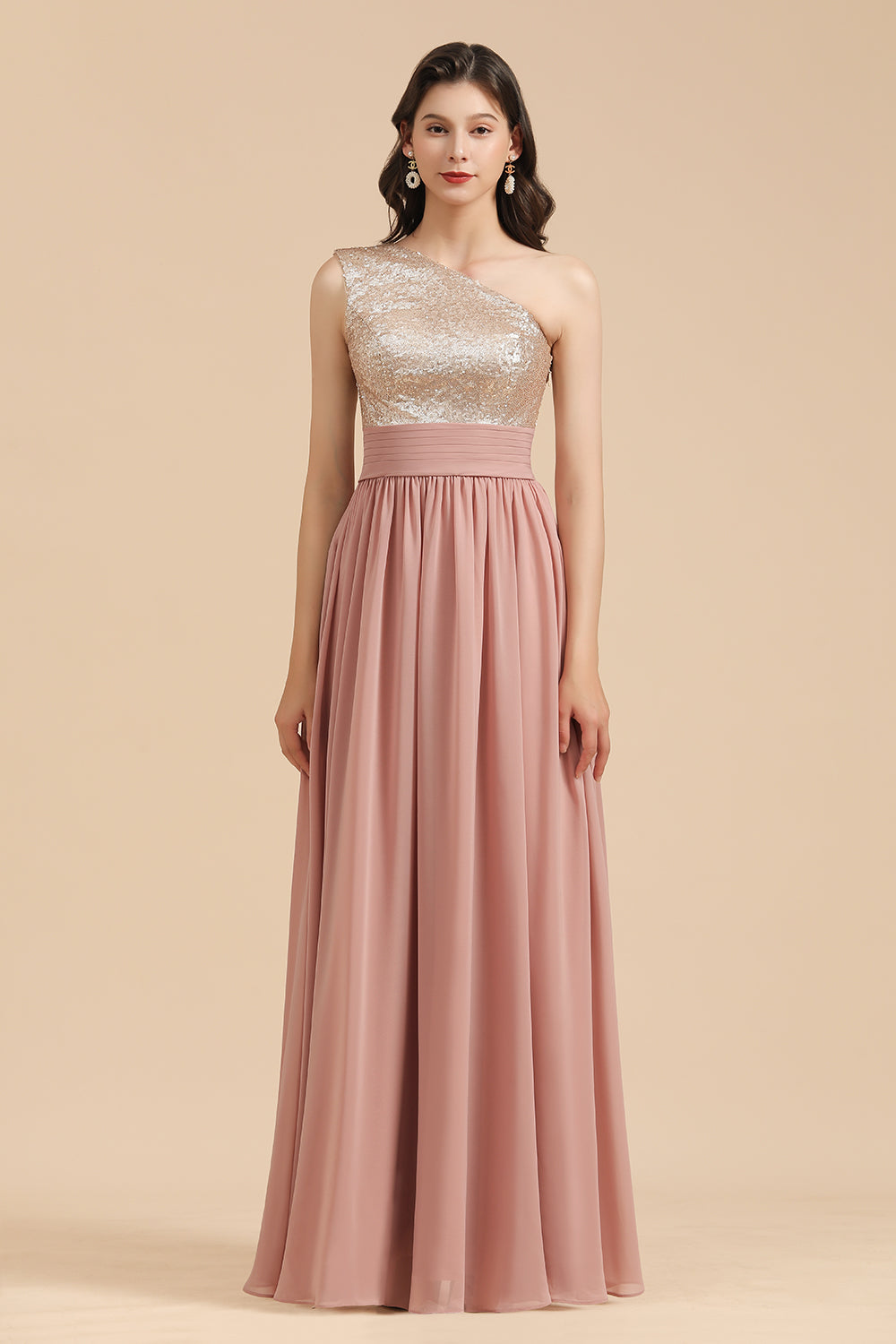 One Shoulder Sequins Dusty Rose Bridesmaid Dress