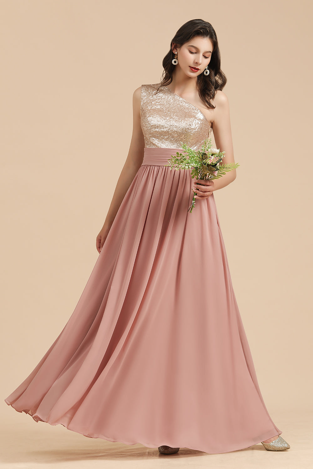 One Shoulder Sequins Dusty Rose Bridesmaid Dress